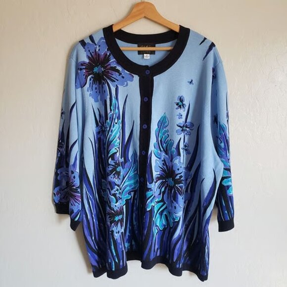 Bob Mackie Floral Knit Button Up Cardigan Blue Womens 3X Plus Wearable Art Artsy - Picture 1 of 7